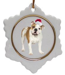 Bulldog Ceramic Jolly Santa Snowflake Christmas Ornament