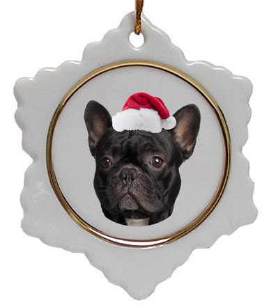 French Bulldog Ceramic Jolly Santa Snowflake Christmas Ornament