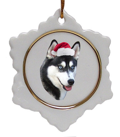 Siberian Husky Ceramic Jolly Santa Snowflake Christmas Ornament