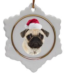 Pug Ceramic Jolly Santa Snowflake Christmas Ornament