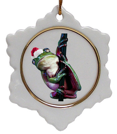 Tree Frog Jolly Santa Snowflake Christmas Ornament