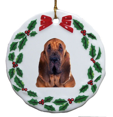Bloodhound Porcelain Holly Wreath Christmas Ornament