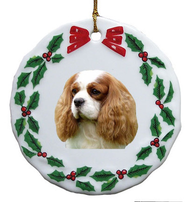 Cavalier King Charles Porcelain Holly Wreath Christmas Ornament