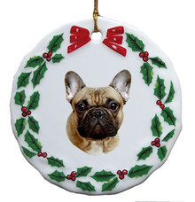 French Bulldog Porcelain Holly Wreath Christmas Ornament