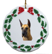 Great Dane Porcelain Holly Wreath Christmas Ornament