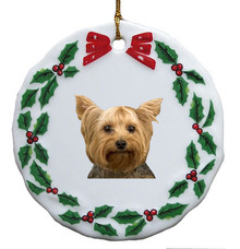 Yorkshire Terrier Porcelain Holly Wreath Christmas Ornament