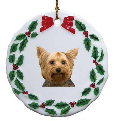 Yorkshire Terrier Porcelain Holly Wreath Christmas Ornament