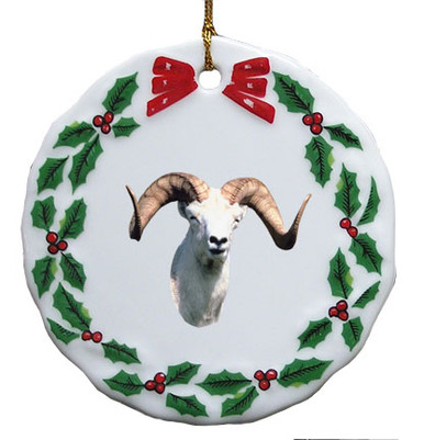 Big Horned Sheep Porcelain Holly Wreath Christmas Ornament