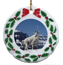 Mountain Goat Porcelain Holly Wreath Christmas Ornament