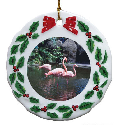 Flamingo Porcelain Holly Wreath Christmas Ornament