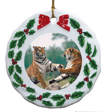 Tiger Porcelain Holly Wreath Christmas Ornament