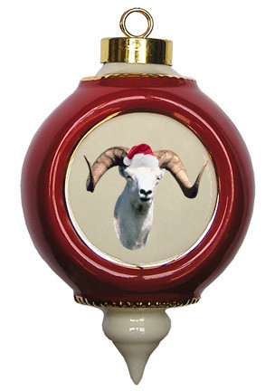 Big Horned Sheep Victorian Red & Gold Christmas Ornament