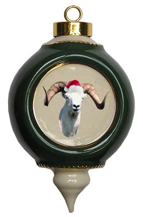 Big Horned Sheep Victorian Green & Gold Christmas Ornament