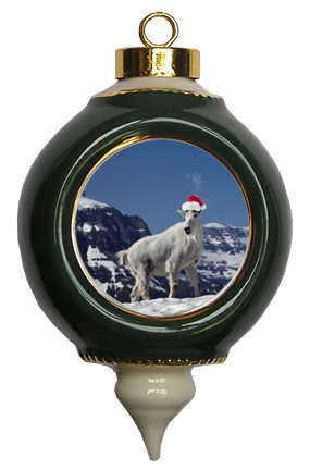 Mountain Goat Victorian Green & Gold Christmas Ornament