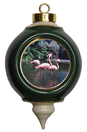 Flamingo Victorian Green & Gold Christmas Ornament