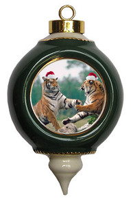 Tiger Victorian Green & Gold Christmas Ornament