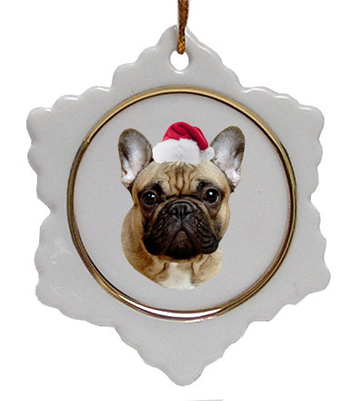 French Bulldog Ceramic Jolly Santa Snowflake Christmas Ornament