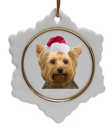 Yorkshire Terrier Ceramic Jolly Santa Snowflake Christmas Ornament