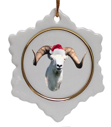 Big Horned Sheep Ceramic Jolly Santa Snowflake Christmas Ornament
