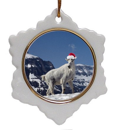 Mountain Goat Ceramic Jolly Santa Snowflake Christmas Ornament