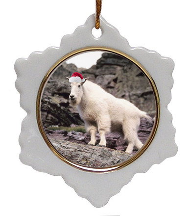 Mountain Goat Ceramic Jolly Santa Snowflake Christmas Ornament