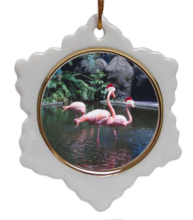 Flamingo Ceramic Jolly Santa Snowflake Christmas Ornament