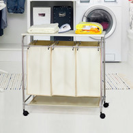 Laundry Hamper 3 Washing Basket Bag Sort + Ironing Board Trolley Clothes Storage (Cream)