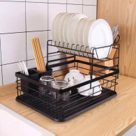  2-Tier Dish Rack Dish Drainer, Dish Drying Rack with Drain Board Design, Anti-Rust Frame Removable Cutlery Holder & Cup Holder Utensil Holder for Kitchen