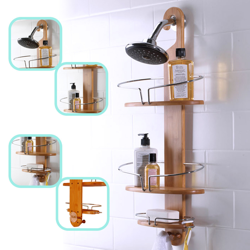 Bathroom Bamboo Shower Caddy Stainless Steel with Hang Hook Shower  Organiser - UltraSaver