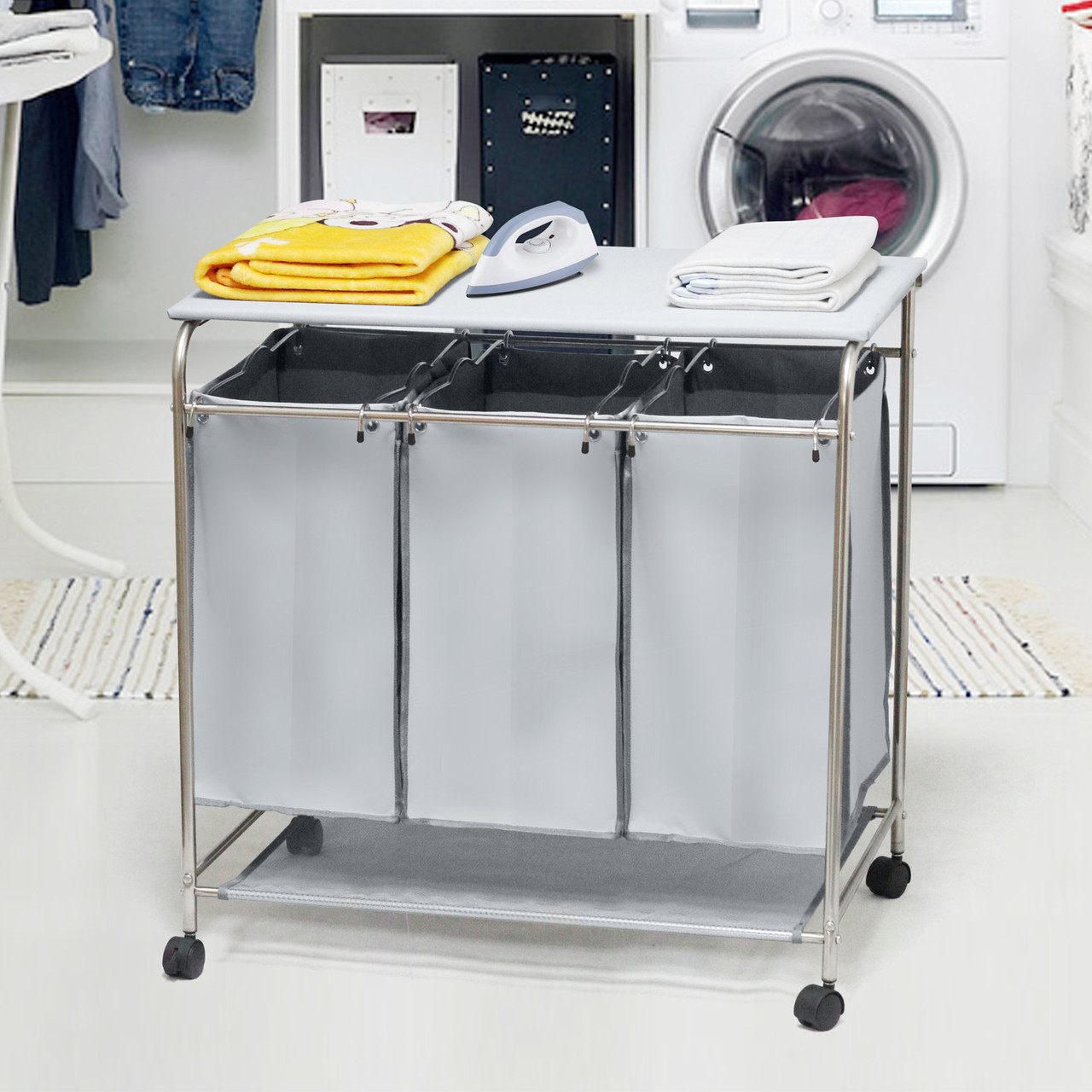 Laundry Hamper 3 Washing Basket Bag Sort + Ironing Board Trolley Clothes  Storage (Grey) - UltraSaver