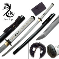 Ten Ryu HAND FORGED SAMURAI SWORD (WHITE LEATHER Cord)