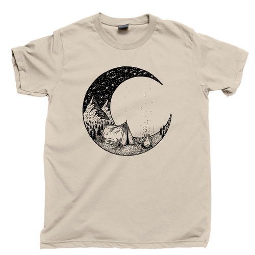 Camping Under The Moon And Stars T Shirt Outdoor Mountain Hiking & Bonfires Tan Tee