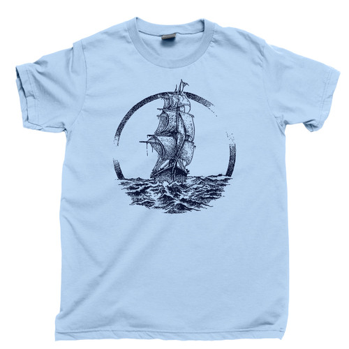 Ship Sailing The Ocean Seas T Shirt Pirate Captain Sailor Nautical Light Blue Tee