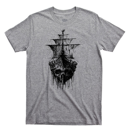 Pirate Skull Ghost Ship T Shirt Jolly Roger Skull & Crossbones Sport Gray Tee