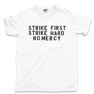 Karate Kid T Shirt Strike First Strike Hard No Mercy Cobra Kai Dojo Sweep The Leg White Tee