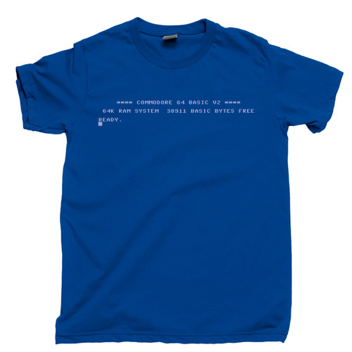 Commodore 64 Start Screen T Shirt Boot Screen Ready 80s 8-Bit Home Computer Royal Blue Tee