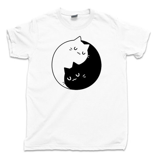 Yin Yang Cats T Shirt Kitty Kitten Purring Meow White Tee