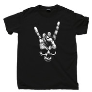 Skull Hand Sign Of The Horns Black T Shirt Heavy Metal Rock N Roll Band Tattoo Tee