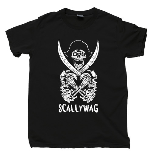 Scallywag Pirate Black T Shirt Skeleton Swords Skull & Crossbones Jolly Roger Tee