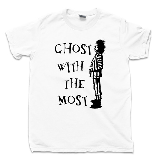Ghost With The Most T Shirt Beetlejuice Tim Burton Michael Keaton Winona Ryder Lydia Deetz Movie White Tee