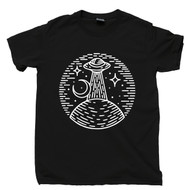 Alien UFO Abduction T Shirt Extraterrestrial Abducting Planet Earth Moon & Stars Black Tee