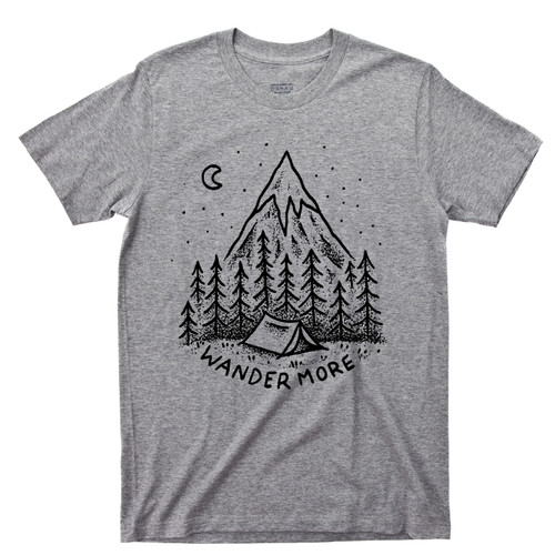 Wander More T Shirt Nature Camping Under Moon Stars Forest & Snow Capped Mountains Gray Tee