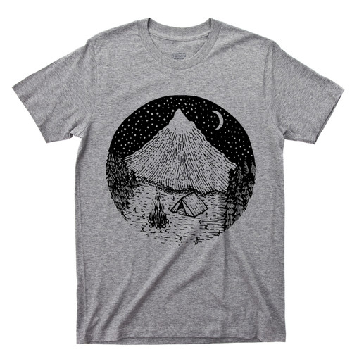 Camping Bonfire Under The Moon & Stars T Shirt Forest Woods Snow Capped Mountains Nature Gray Tee