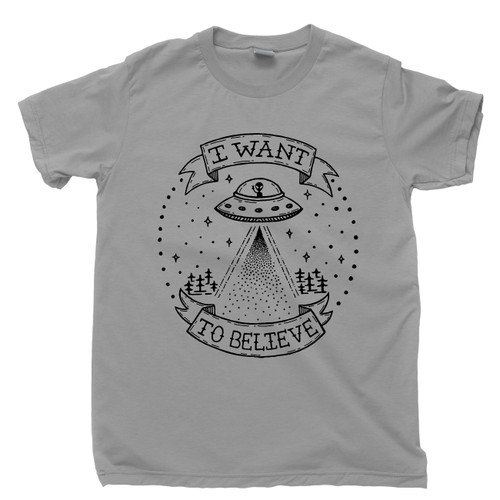 Alien I Want To Believe T Shirt Extraterrestrial UFO Abduction Outer Space Stars Comets Moons Planets Gray Tee