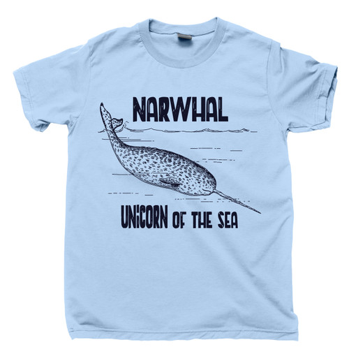 Narwhal T Shirt Unicorn Of The Sea Humpback Whale Cetaceans Ocean Waves Deep Blue Sea Nautical Marine Mammals Blue Tee