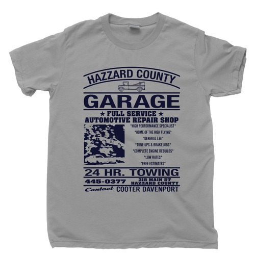 Hazzard County Garage T Shirt Bo Luke Daisy Duke 1969 Dodge Charger The Dukes Of Hazzard Gray Tee