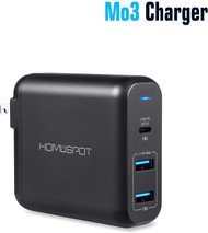 PD USB C Wall Charger HomeSpot Mo3 UL QC 3.0 72W (60W+12W) 3 Ports Compatible with Macbook Nintendo Switch iPhone iPad Samsung Galaxy and more - Black