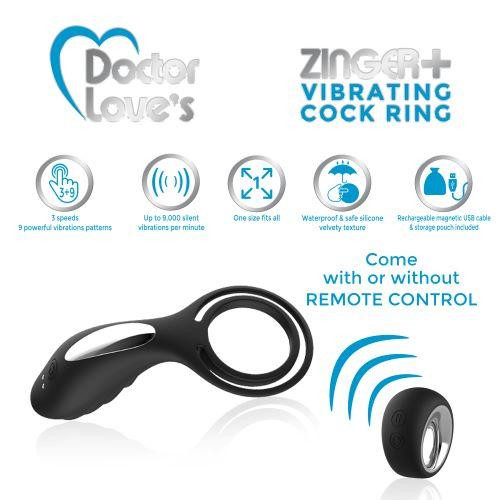 Buy Doctor Love Zinger+ Vibrating Cock Ring Remote Black Male Sex Toy
