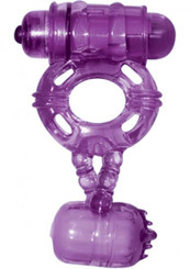 The Macho Double Cock And Balls Ring With Clitoral Tickler Silicone Waterproof Purple Male Sex Toys