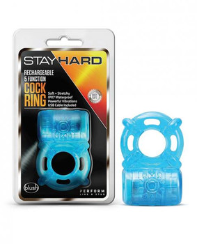 Blush Stay Hard Rechargeable 5 Function Cock Ring- Blue Adult Sex Toy